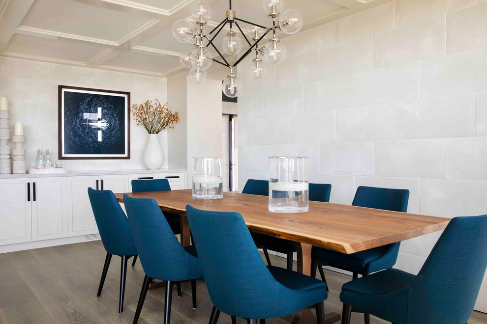 Inspiration for a traditional dining room in San Diego with white walls, medium hardwood flooring and grey floors.