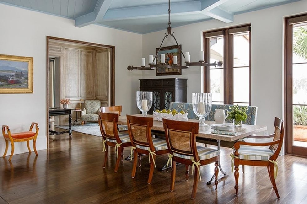 Inspiration for a large transitional dark wood floor and brown floor enclosed dining room remodel in Jacksonville with beige walls and no fireplace