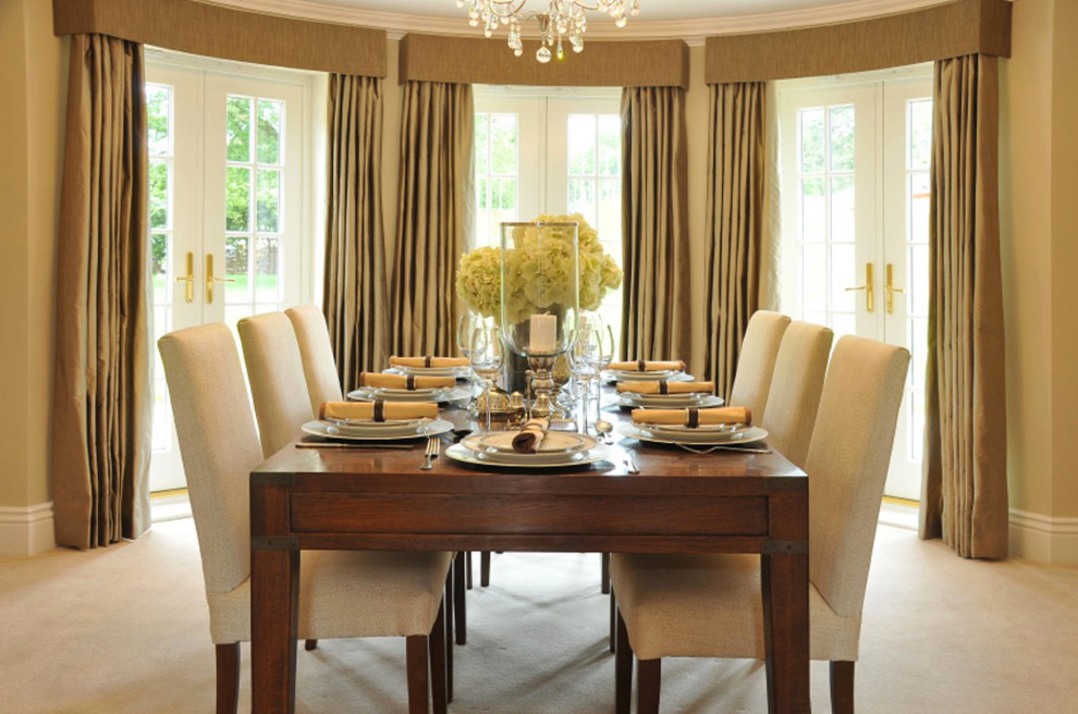 Mid-sized elegant carpeted enclosed dining room photo in Detroit with beige walls and no fireplace