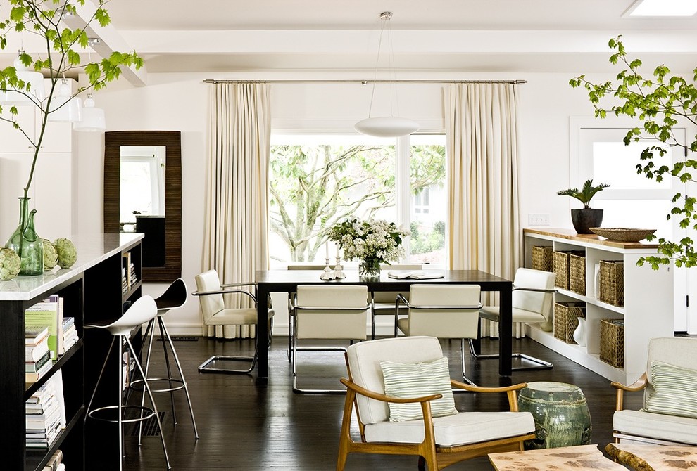 Источник вдохновения для домашнего уюта: столовая в стиле неоклассика (современная классика) с белыми стенами и темным паркетным полом
