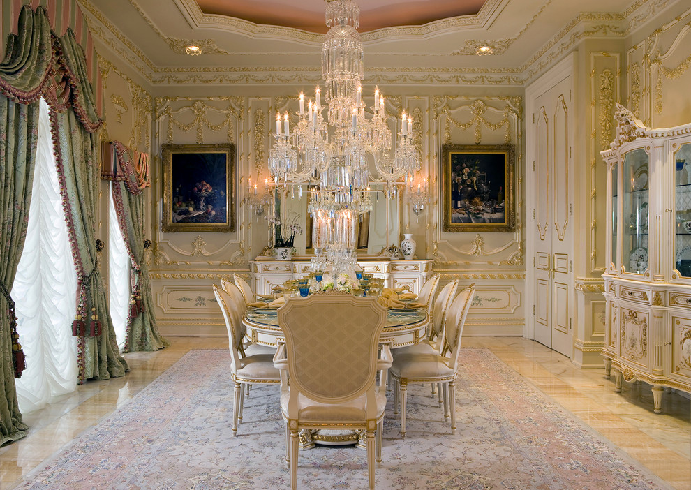 Large elegant marble floor enclosed dining room photo in DC Metro with beige walls and no fireplace