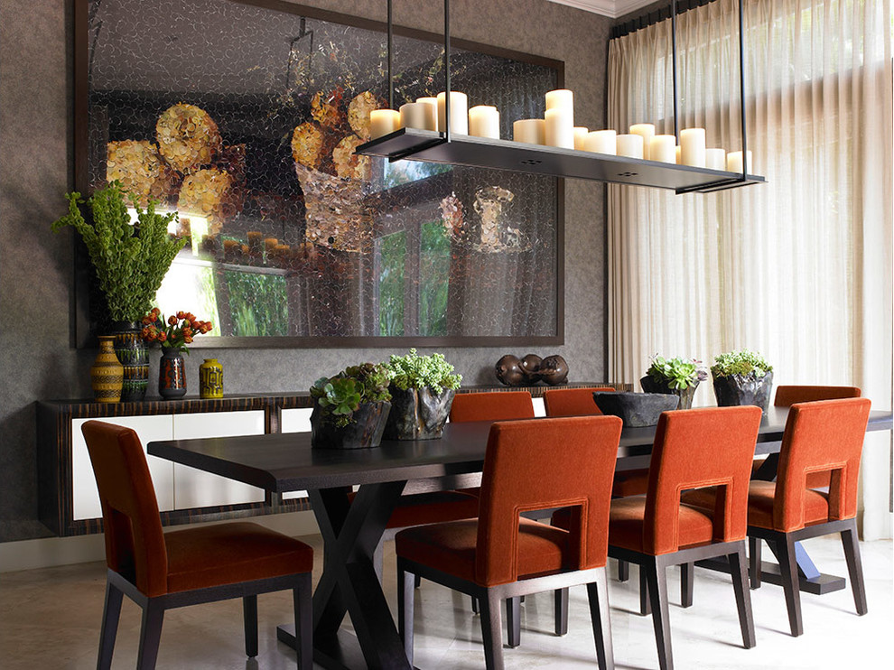 Inspiration for a large contemporary enclosed dining room in Miami with grey walls, porcelain flooring and no fireplace.