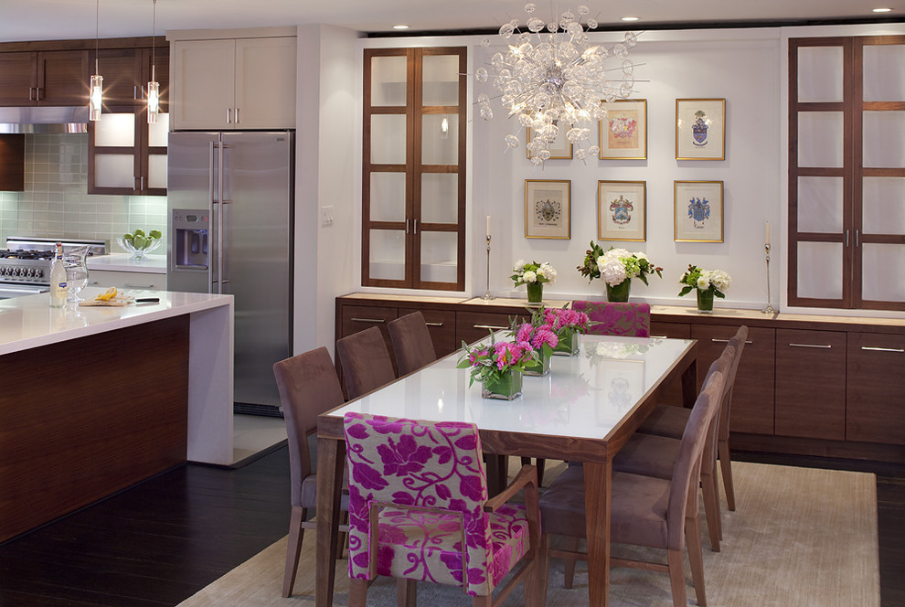 Inspiration for a contemporary dark wood floor kitchen/dining room combo remodel in San Francisco with white walls