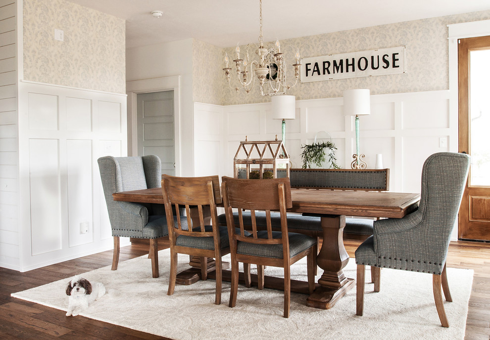 Inspiration for a large farmhouse medium tone wood floor dining room remodel in Indianapolis