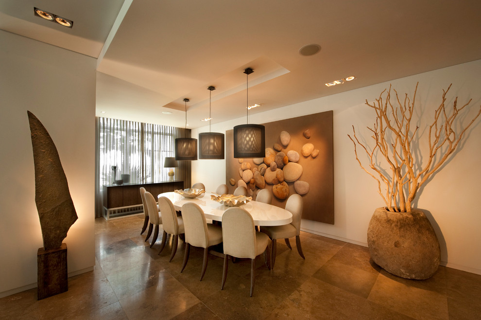 Inspiration for a large contemporary open plan dining room in Miami with white walls, travertine flooring and no fireplace.