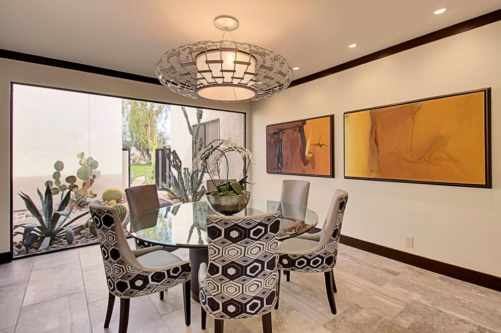 Large contemporary open plan dining room in Los Angeles with beige walls, porcelain flooring and no fireplace.
