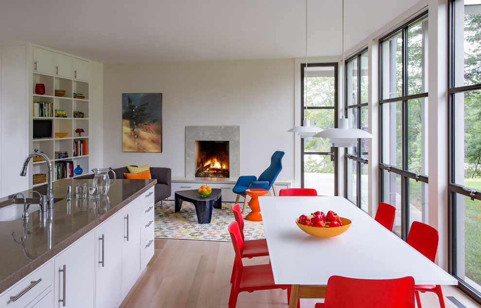 Стильный дизайн: кухня-столовая в современном стиле с белыми стенами, светлым паркетным полом, стандартным камином и фасадом камина из камня - последний тренд