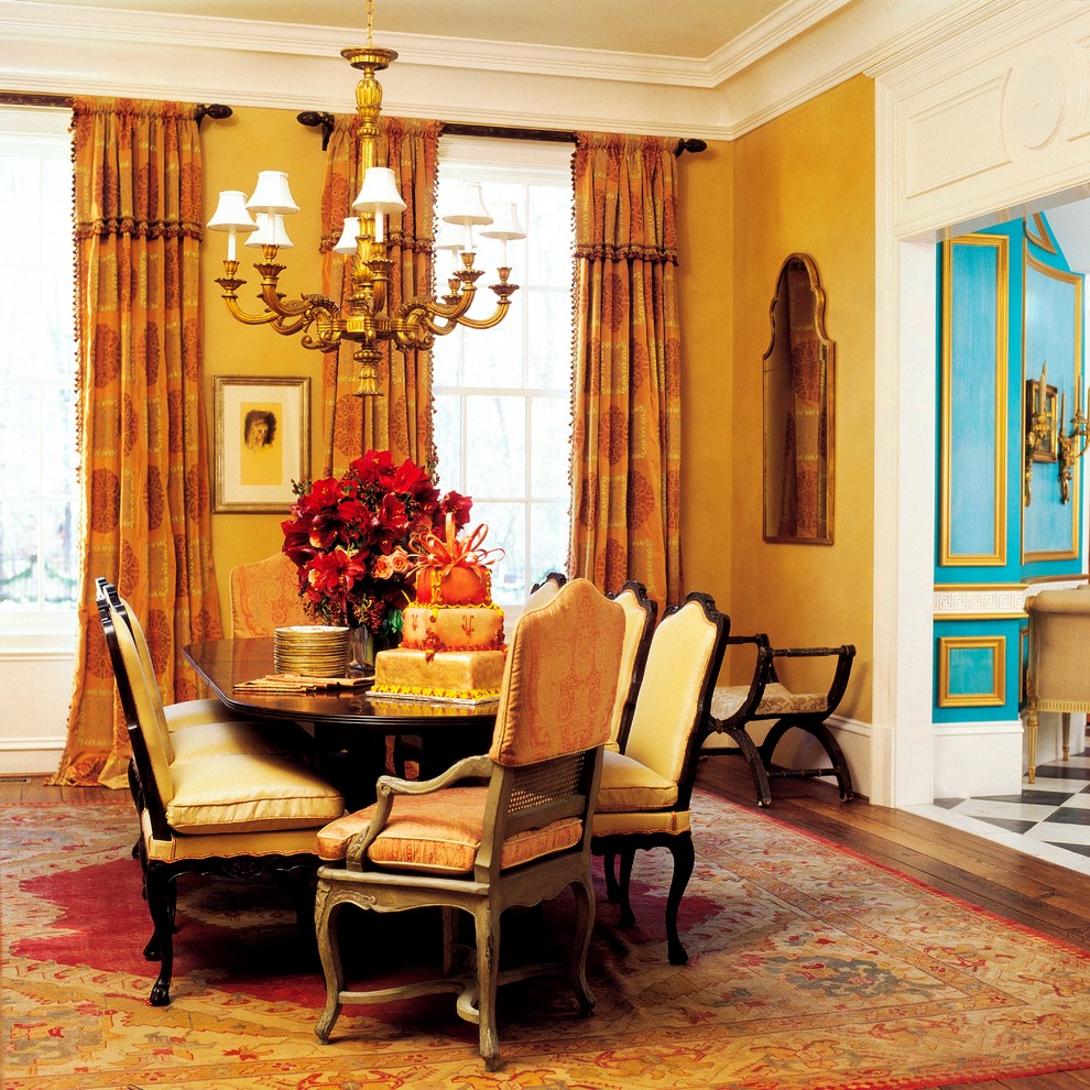 Large elegant light wood floor kitchen/dining room combo photo in Atlanta with yellow walls