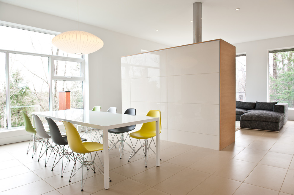 Cette photo montre une salle à manger ouverte sur le salon moderne avec un mur blanc.