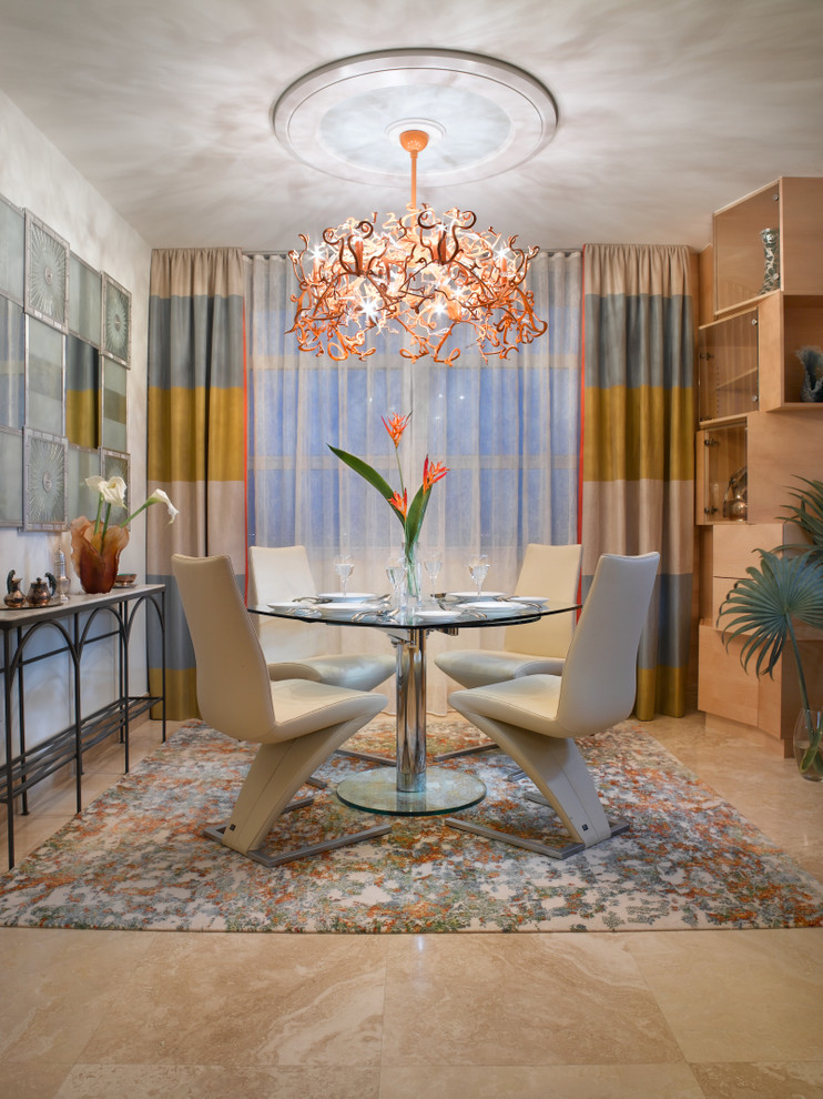 Trendy dining room photo in Miami with white walls