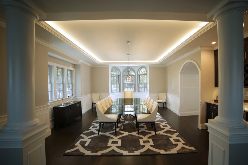 Kitchen/dining room combo - large mediterranean dark wood floor kitchen/dining room combo idea in Boston with beige walls