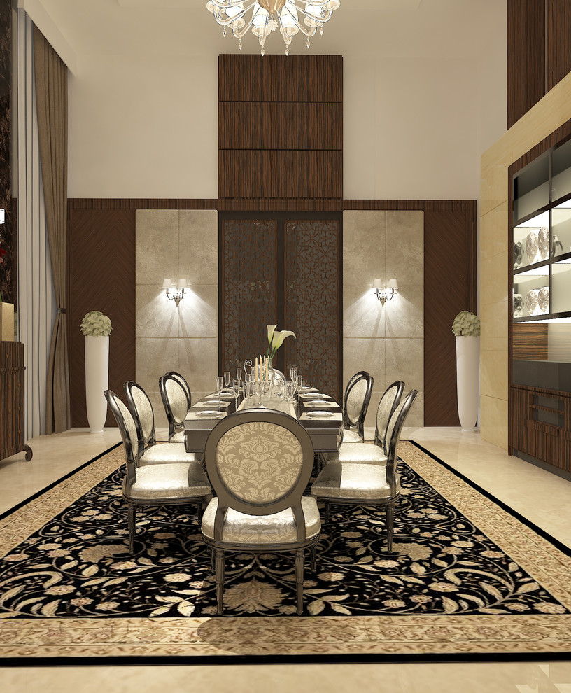 Aménagement d'une grande salle à manger moderne fermée avec un mur blanc et un sol en carrelage de porcelaine.