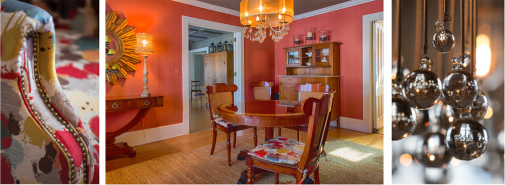 Стильный дизайн: большая гостиная-столовая в стиле неоклассика (современная классика) с оранжевыми стенами, светлым паркетным полом, стандартным камином и фасадом камина из плитки - последний тренд