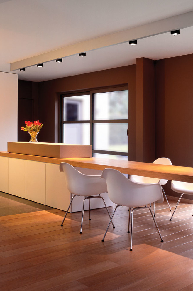 Diseño de comedor minimalista con paredes marrones