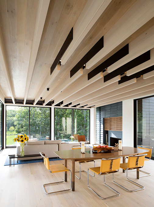 Moderne Wohnküche mit hellem Holzboden, Kamin und Kaminumrandung aus Stein in New York