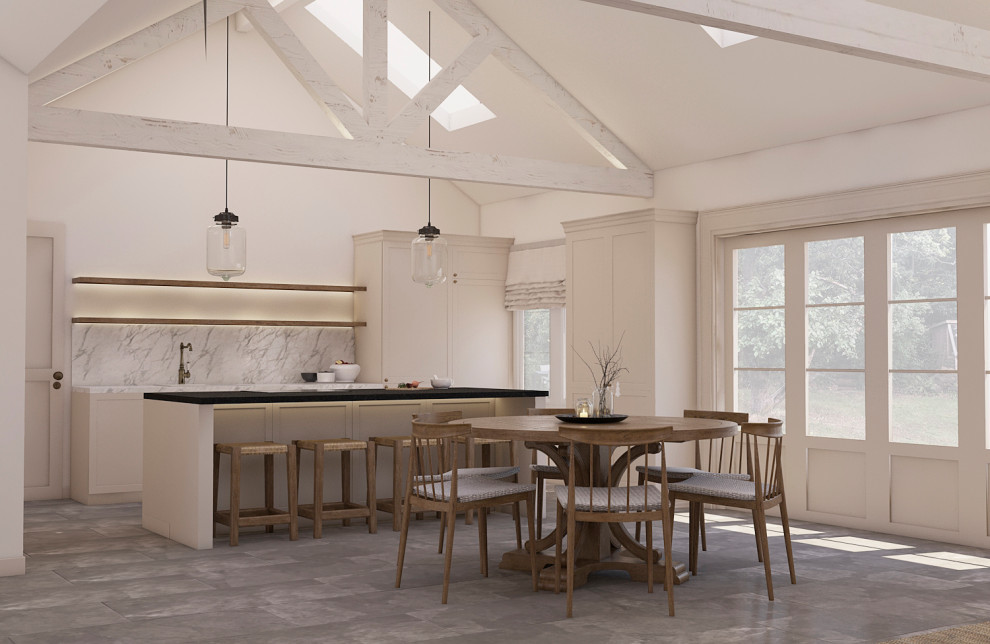 Exemple d'une salle à manger ouverte sur le salon scandinave de taille moyenne avec un mur blanc, un sol en calcaire, aucune cheminée, un sol gris et un plafond en lambris de bois.