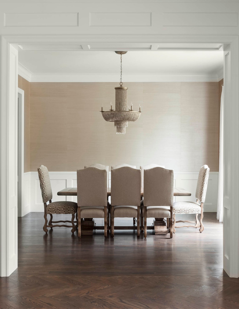 Transitional dark wood floor dining room photo in Dallas with beige walls and no fireplace