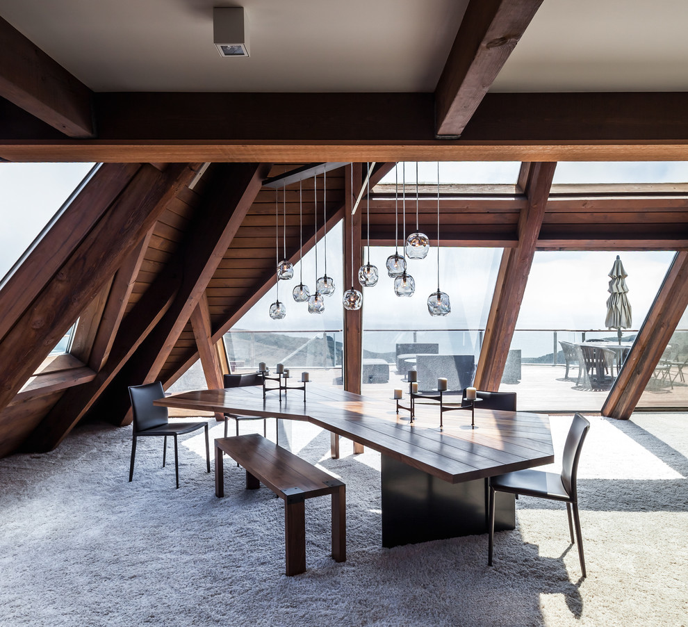 Источник вдохновения для домашнего уюта: столовая в современном стиле с ковровым покрытием без камина
