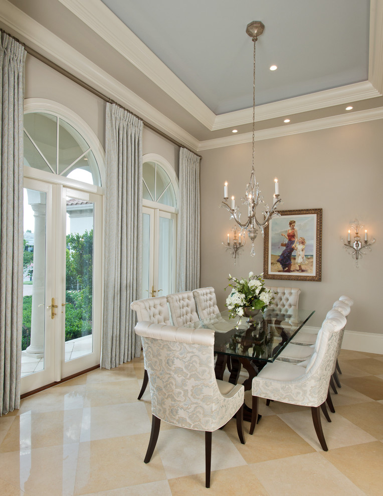 Design ideas for a classic dining room in Other with grey walls and beige floors.