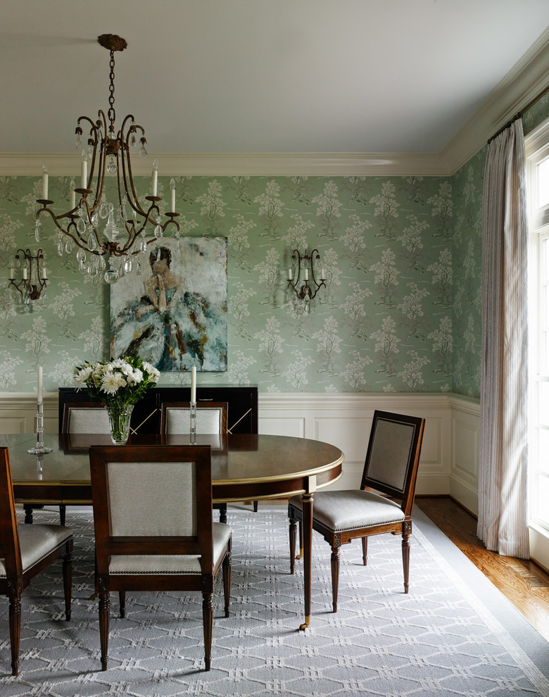 Aménagement d'une salle à manger classique fermée avec un mur multicolore et parquet foncé.