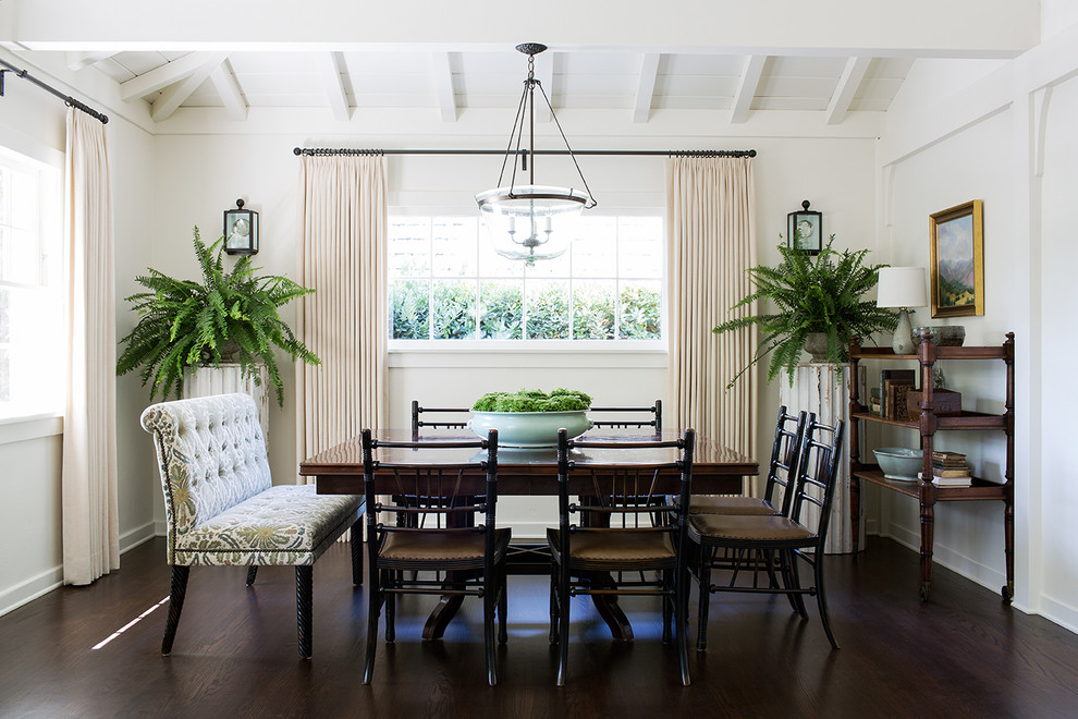 Dining room - traditional dark wood floor dining room idea in Los Angeles with white walls