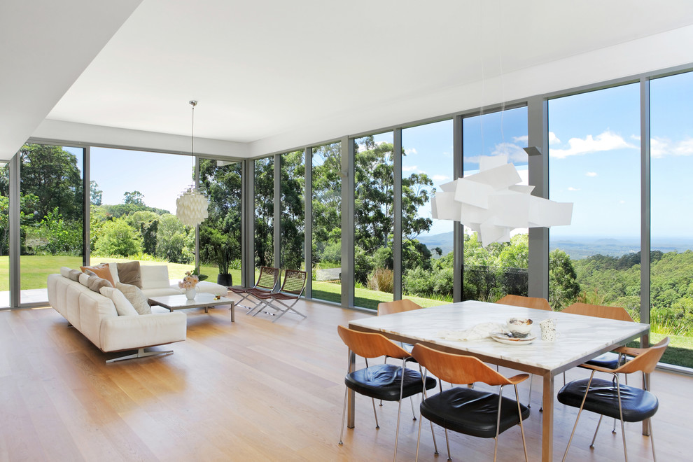 Offenes, Großes Modernes Esszimmer mit weißer Wandfarbe und hellem Holzboden in Sunshine Coast