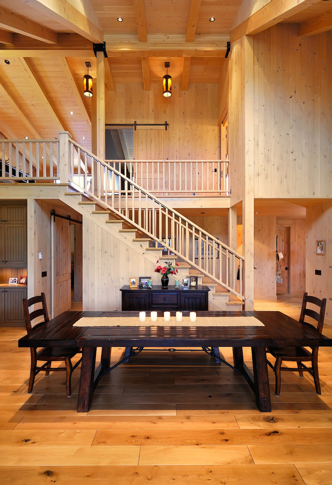 Design ideas for a farmhouse dining room in San Francisco with medium hardwood flooring.