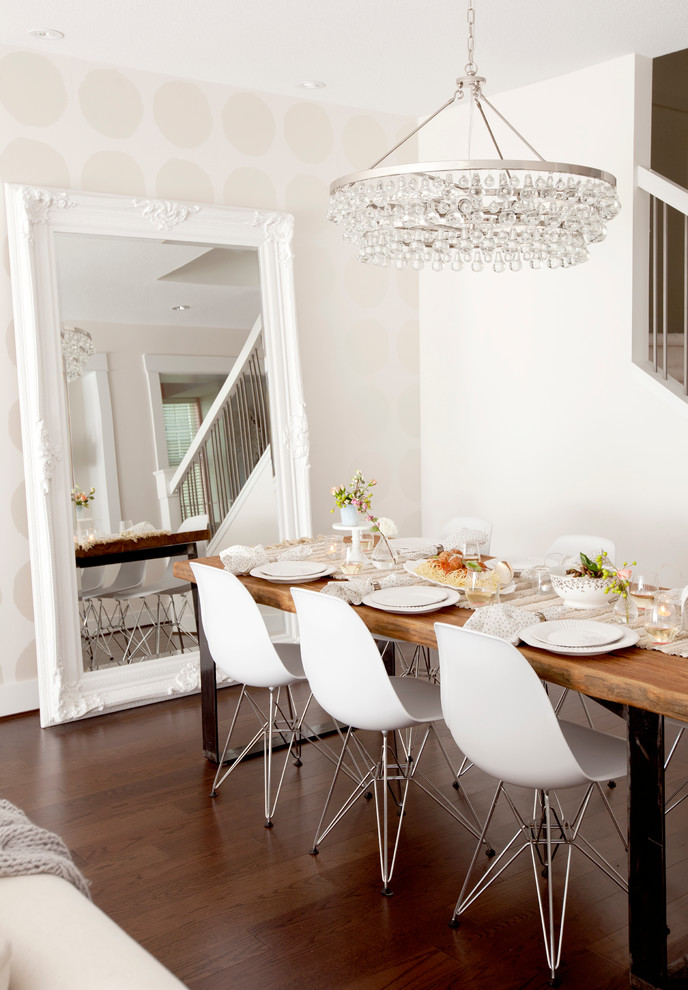 Example of a trendy dark wood floor great room design in Vancouver with white walls