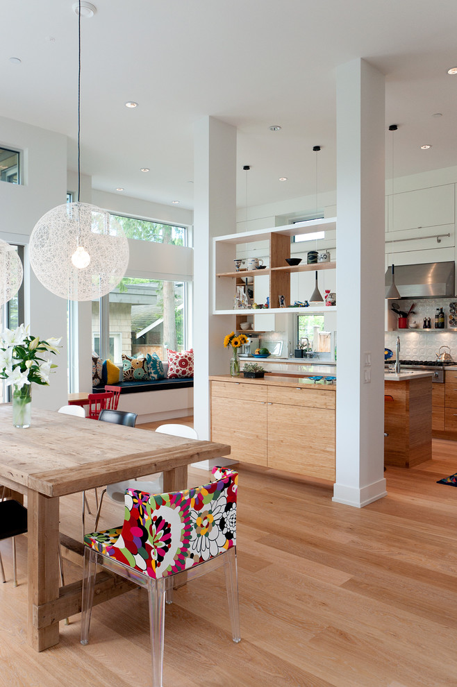Inspiration for a contemporary kitchen/dining room in Vancouver with white walls and light hardwood flooring.