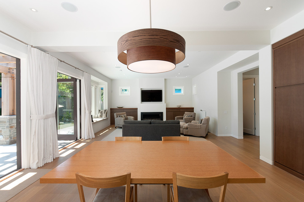 Inspiration for a contemporary medium tone wood floor dining room remodel in Vancouver with white walls