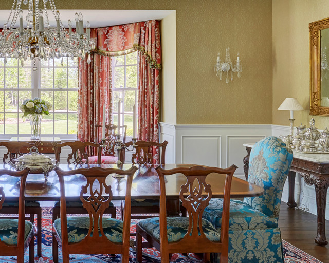 Red Blue and Gold Dining Room with Bay Window American Traditional