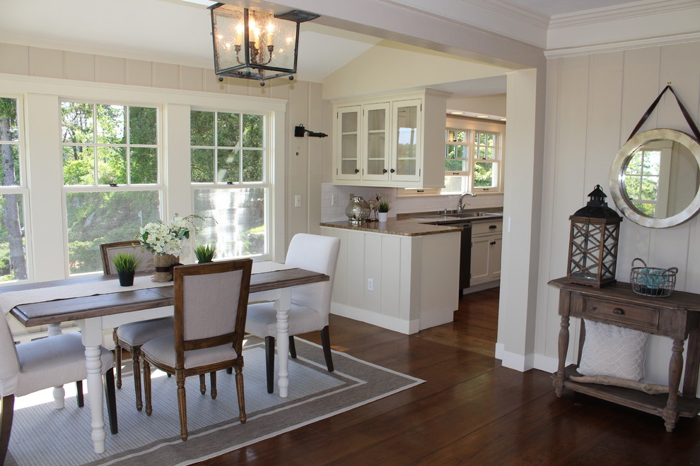 Example of a mid-sized transitional dark wood floor kitchen/dining room combo design in Boston with white walls and no fireplace