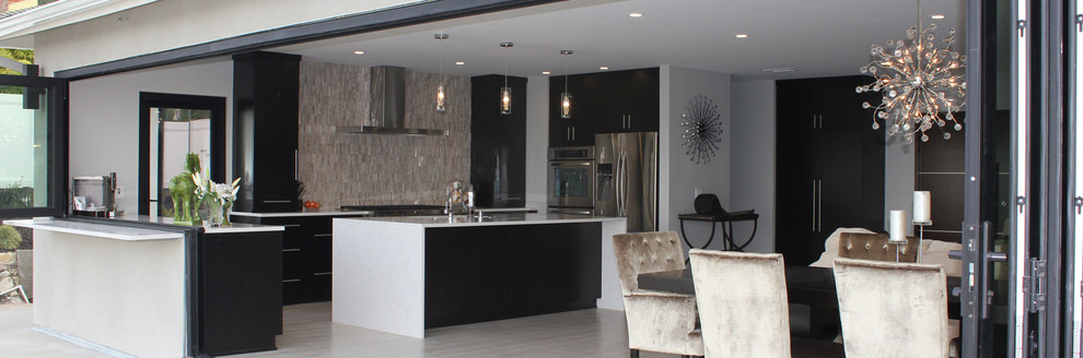 Пример оригинального дизайна: кухня-столовая среднего размера в стиле модернизм с белыми стенами