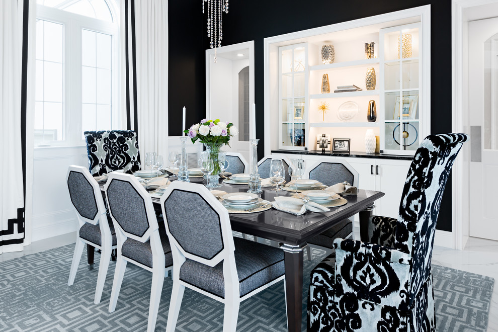 Enclosed dining room - large traditional white floor and porcelain tile enclosed dining room idea in Tampa with black walls