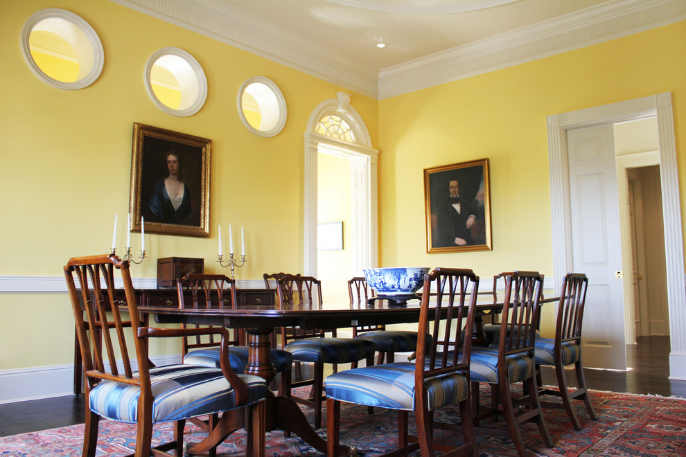 Esempio di una sala da pranzo tradizionale chiusa con pareti gialle e parquet scuro