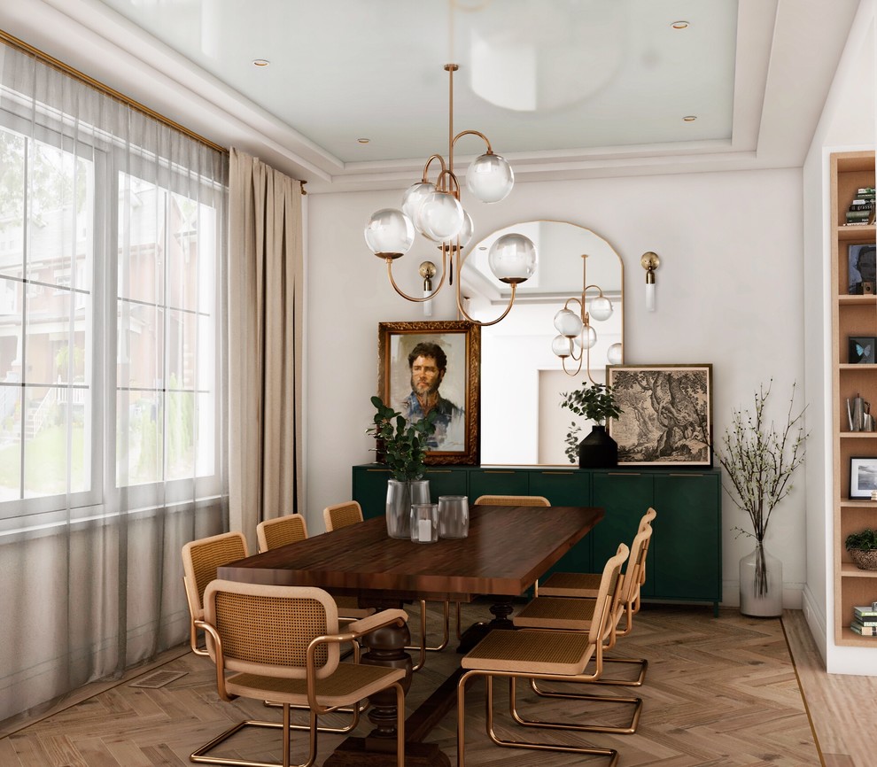 Immagine di una sala da pranzo minimalista con pareti bianche, pavimento in legno massello medio e pavimento marrone
