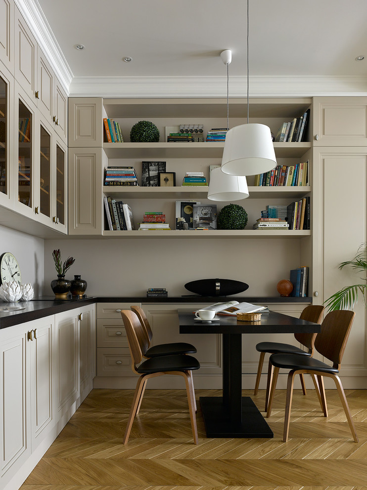 Transitional light wood floor and beige floor great room photo in Other with beige walls