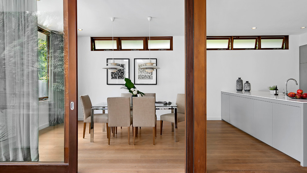 Inspiration for a medium sized classic open plan dining room in Sydney with white walls and medium hardwood flooring.