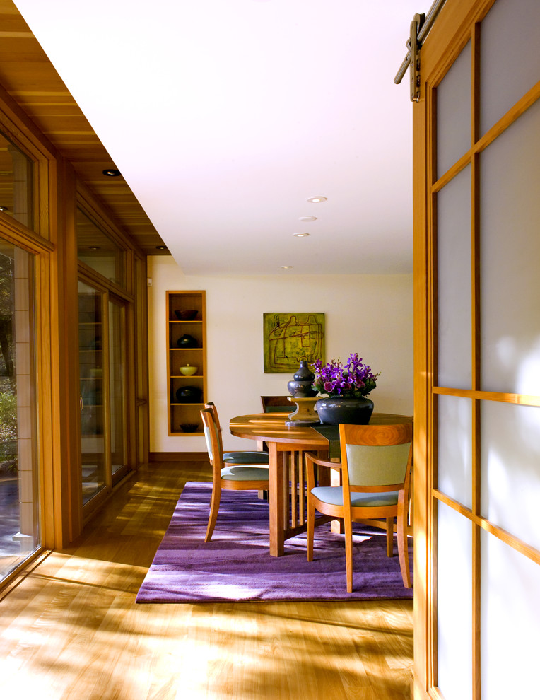 Inspiration for a contemporary medium tone wood floor dining room remodel in Boston with beige walls