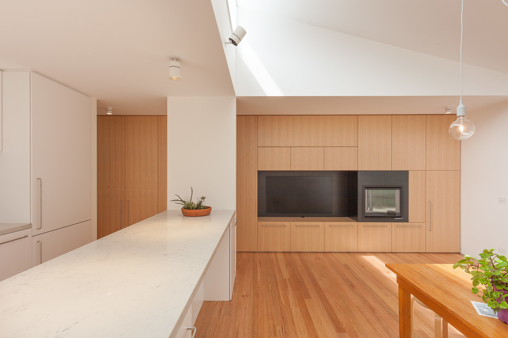 Foto di una sala da pranzo aperta verso la cucina minimal con pareti bianche, pavimento in legno massello medio, stufa a legna e cornice del camino in legno