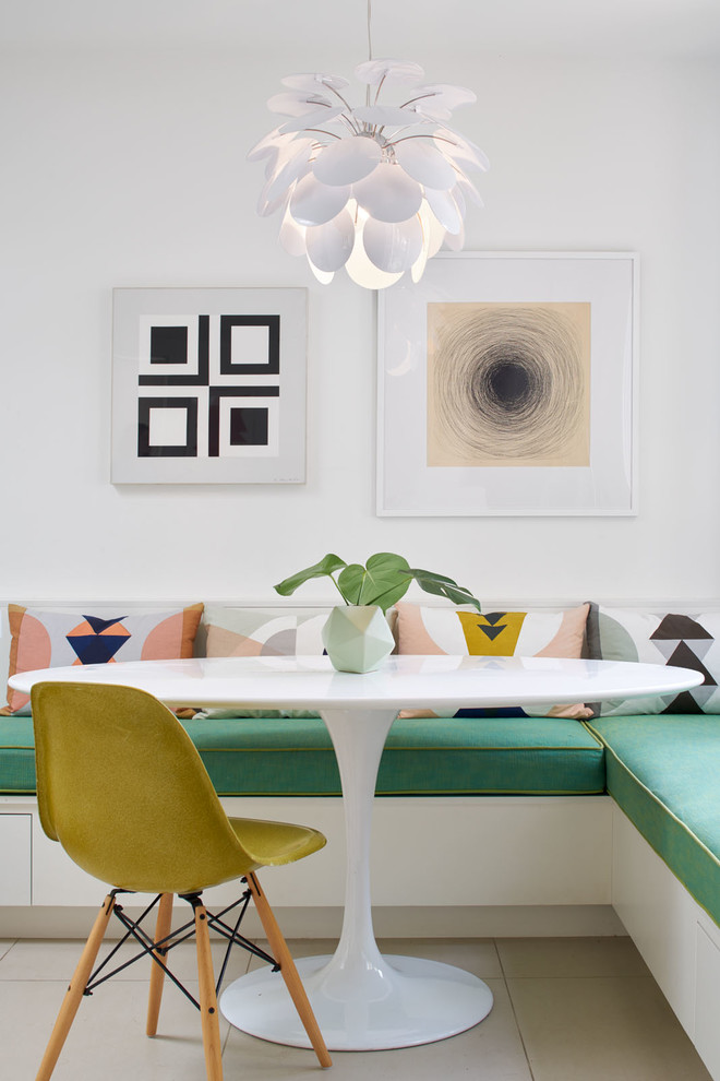 Midcentury dining room in San Francisco with white walls.