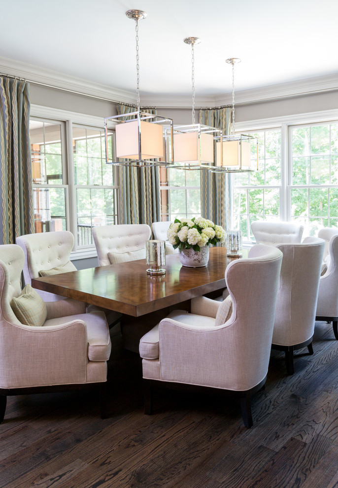 Inspiration for a traditional dining room in Atlanta with grey walls, dark hardwood flooring and no fireplace.