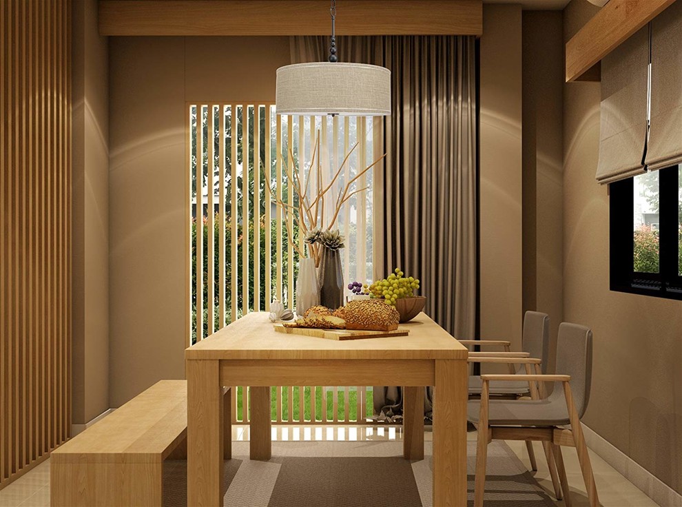 Esempio di una sala da pranzo aperta verso il soggiorno minimalista di medie dimensioni con pareti beige, pavimento con piastrelle in ceramica, nessun camino e pavimento beige