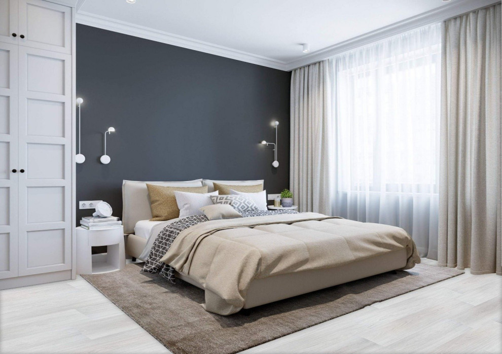 Bedroom - huge modern vinyl floor and wainscoting bedroom idea in Brisbane