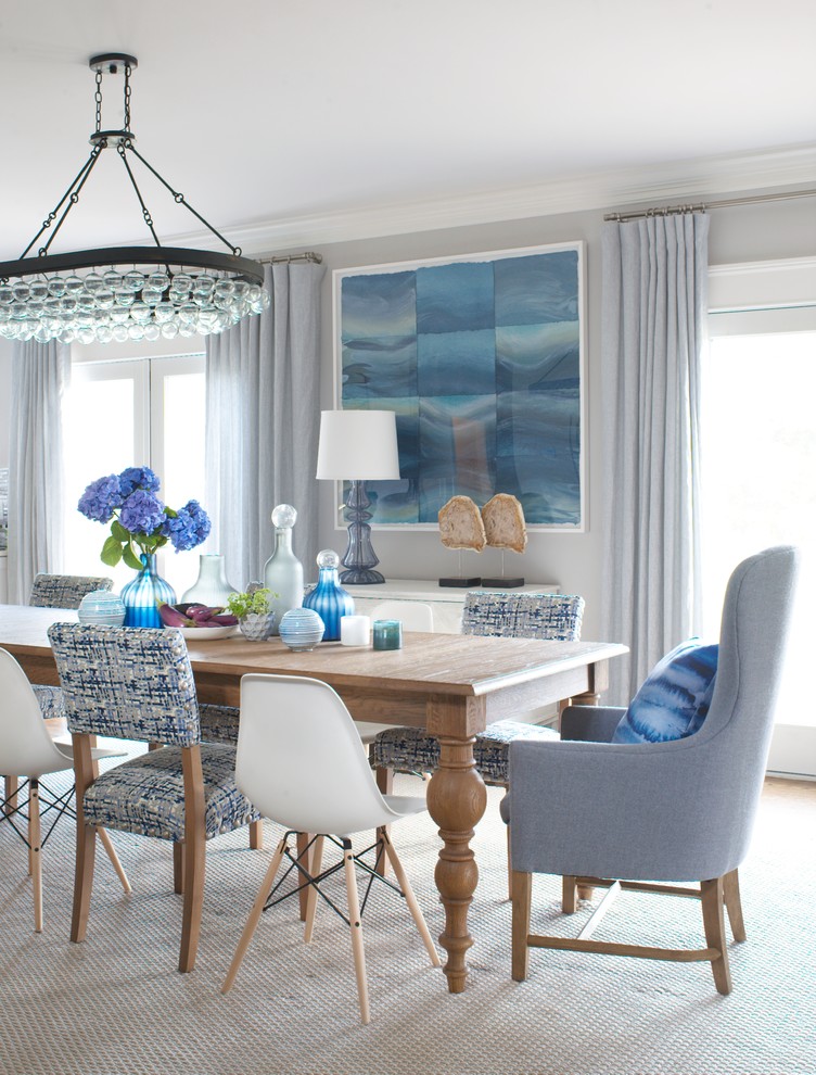 Inspiration for a large beach style kitchen/dining room in Providence with carpet, grey walls, no fireplace and feature lighting.