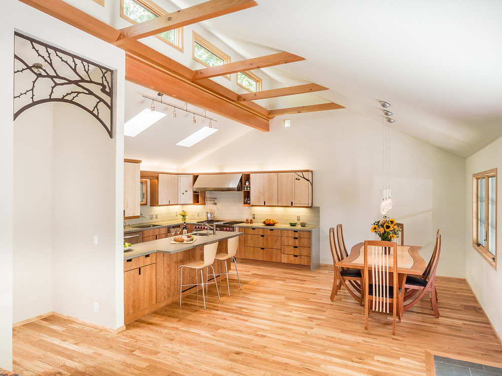 Ejemplo de comedor de cocina actual con paredes blancas y suelo de madera en tonos medios