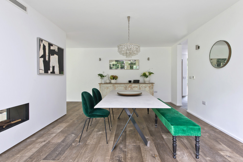 Mid-sized trendy medium tone wood floor and brown floor dining room photo in London with white walls and a two-sided fireplace