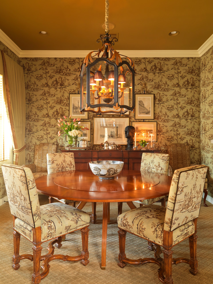 This is an example of a classic dining room in Las Vegas with carpet and beige walls.
