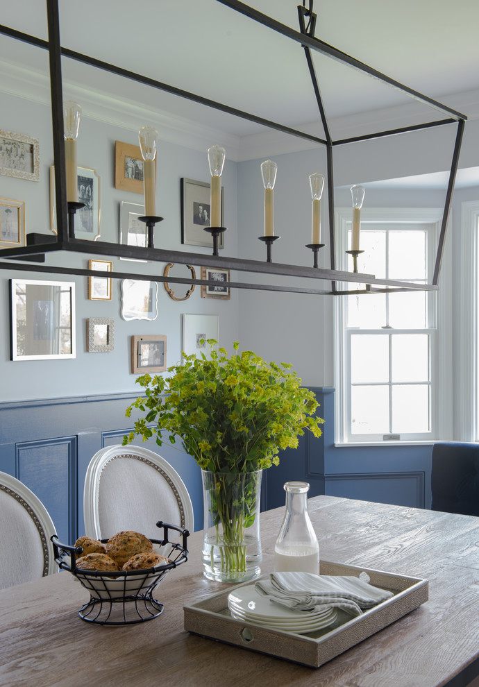 Inspiration for a medium sized traditional enclosed dining room in New York with blue walls, medium hardwood flooring, no fireplace and brown floors.