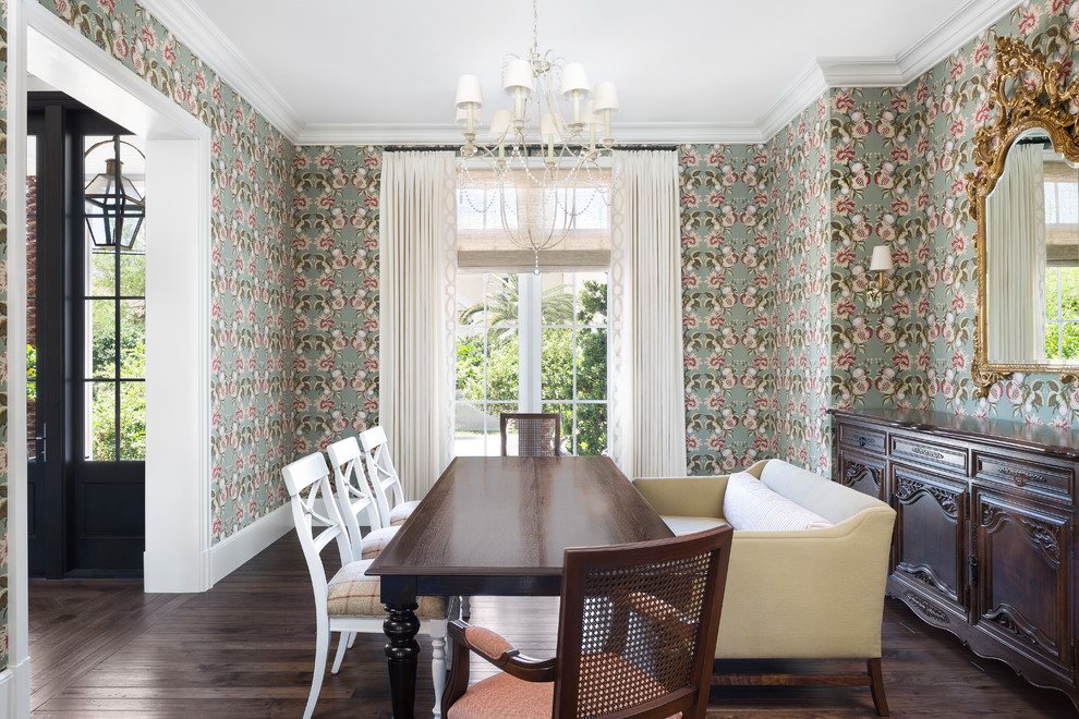 Inspiration for a classic enclosed dining room in Miami with green walls, dark hardwood flooring and brown floors.